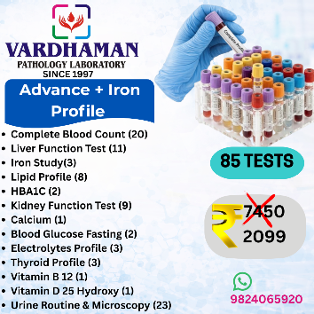 Advanced Iron Profile blood test package in Ahmedabad by Vardhaman Pathology Laboratory including CBC, liver function test, iron study, thyroid profile, vitamin B12 and D tests at affordable price