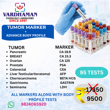 Vardhaman Pathology Laboratory Tumor Marker and Advanced Body Profile package featuring 95 tests, including tumor markers and body profile tests.